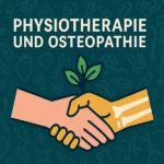 Zwei stilisierte Hände – eine mit Knochen, die andere neutral – reichen sich vor medizinischem Hintergrund die Hand, mit einem Blatt dazwischen als Symbol für Integration.